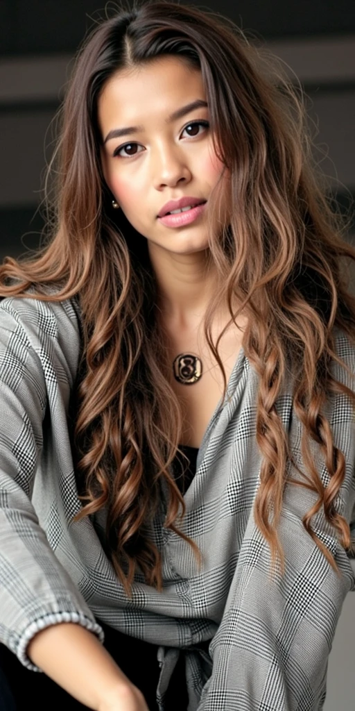 Wavy brown hair, (RAW photo, realism: 1.8), (very dark lip gloss, jet pink lipstick, many eyelashes, dark black eye shadow, shy, blushing, high quality, high resolution, chromatic aberration, caustic, wide light, natural colors, 20 year old woman), necklaces, chokers, earrings, bracelets, wear many accessories, style A good woman,l, silk pink shirt, standing, posing for photograph, beautiful skin, lots of exposure, very line, looks delicious, lips that make you want to kiss, scruffy futon, giant rose farm field, golden sun in background,