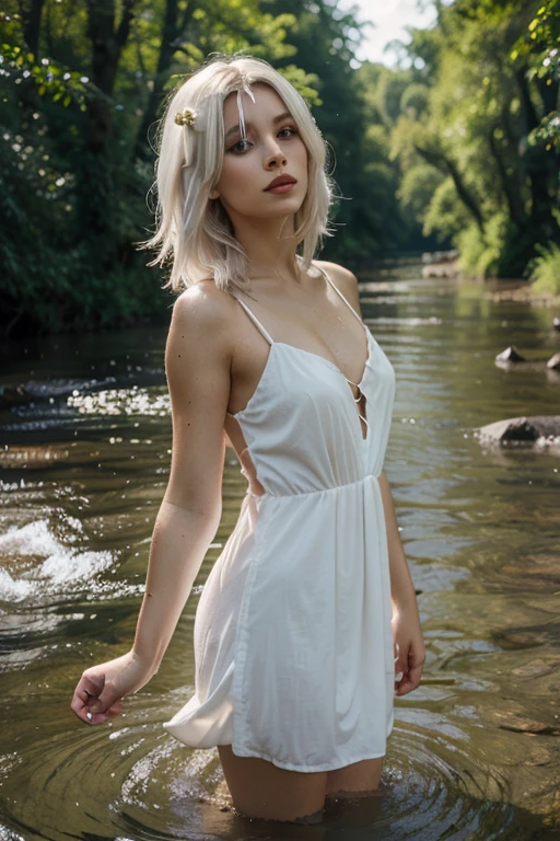 A witch with long white hair and a pointed hat sits on a rock in the water. Embracing the magic ball, the atmosphere is somber, realistic.
