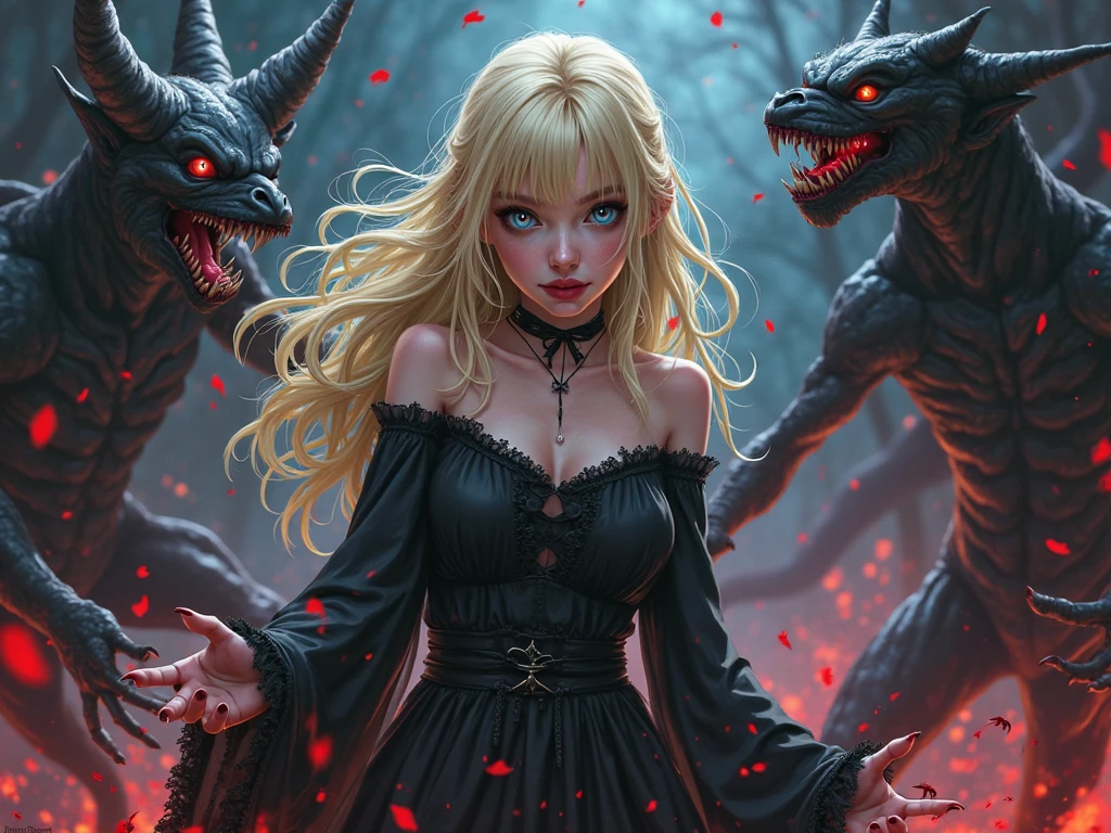 age evil witch with dark magic. She has blonde hair and sky blue eyes. Thin black lips curled into a smile. She is wearing a black goth dress. She is attacking Harry Potter with her summoned demons. Lots of blood and gore.