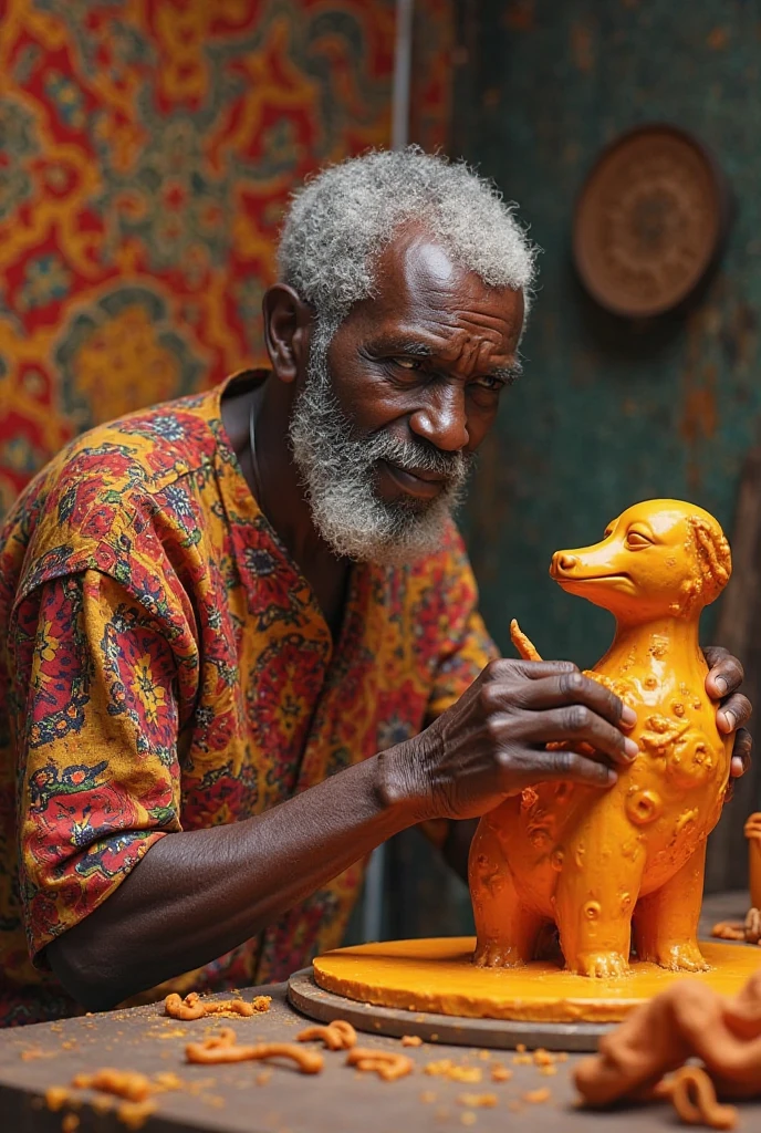 Indian poor oldman a making big cat out of red chilli