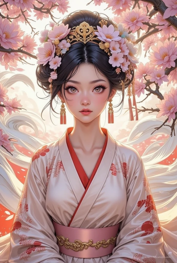 A geisha surrounded by cherry blossom branches, flying petals, traditional oriental painting style, intricate headdress with flowers, spectacular lighting, subtle details, elegant pose, a masterpiece.
