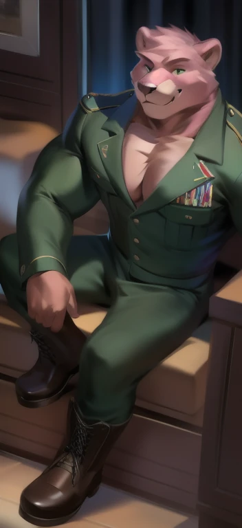 (masterpiece, best quality ), 1man, extremely muscular, short pink /green hair, brown eyes, intricate, (living room) , full body, white army uniform, open green jacket, vivid colors,(depth of field:1.2),(abs),blush, looking at viewer, sitting on couch, spread legs, shirt open, shirtless, visible pectorals