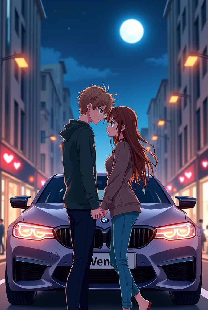 An anime couple : a handsome man green eyes light brown hair with his girlfriend long brown hair blue eyes , standing in the street of berlin with their BMW car , with the planet of venus in the background , and the word (venus ) in the matricule of BMW ,and berlin in the paneau