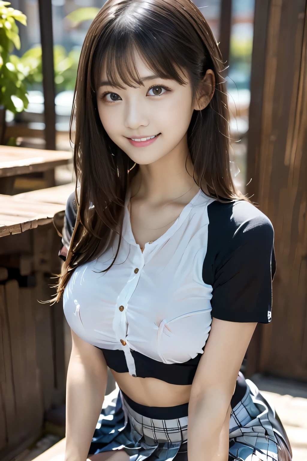Bright表情、reality:1.32、 best quality、 Ultra High Resolution 、 the details of the pretty face 、 small face、 Beautiful Liuhai 、 Beautiful Hair、 Glowing Skin 、 the hair is full of color、(1Only people:1.3)、 Smooth Hair 、 Charming brown silk hair、Bright、 Her clear eyes sparkle charmingly、 Cute姿勢、Short Sleeve Lightweight Translucent Cardigan Shirt :1.4、( Plaid mini pleated skirt:1.4)、( Long hair:1.3), Cute 、 innocent smile 、(big :1.4)、( erect nipples :1.4)、Small waist、Uniform Thigh, Beautiful eyes pay attention to the smallest detail 、 the viewer gazes 、 full body view、 Slightly open upper lip 、sitting on one knee、 white underwear, White sneakers