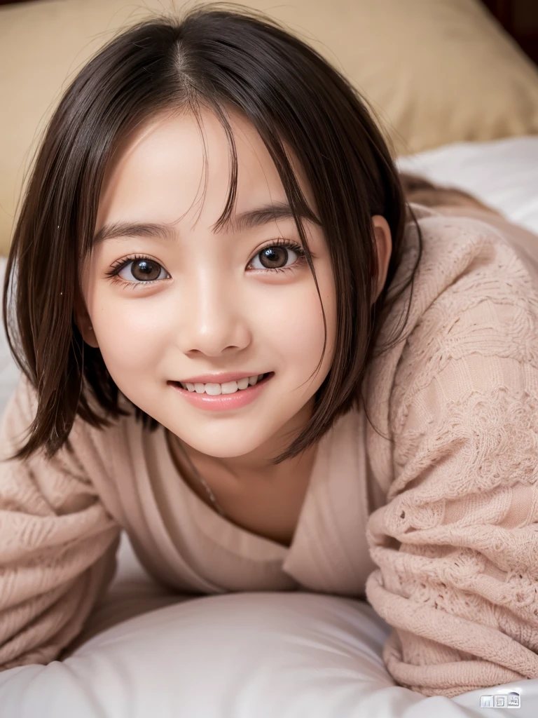 (Best-quality, Masterpiece, Ultra-High-Resolution, (Photorealistic:1.4), Raw Photo, depth of field, professional lighting, perfect anatomy, extremely details), 1girl, 15-years-old, the most famous Japanese idol, in luxury hotel suite, (((wearing very sloppy clothes))), looking at viewer, (extremely cute face like the most popular Japanese idol, (extremely cute and extremely big eyes), extremely beautiful skins), (((extremely messy hair))), extremely cute long-eyelashes, extremely cute lips, grinning