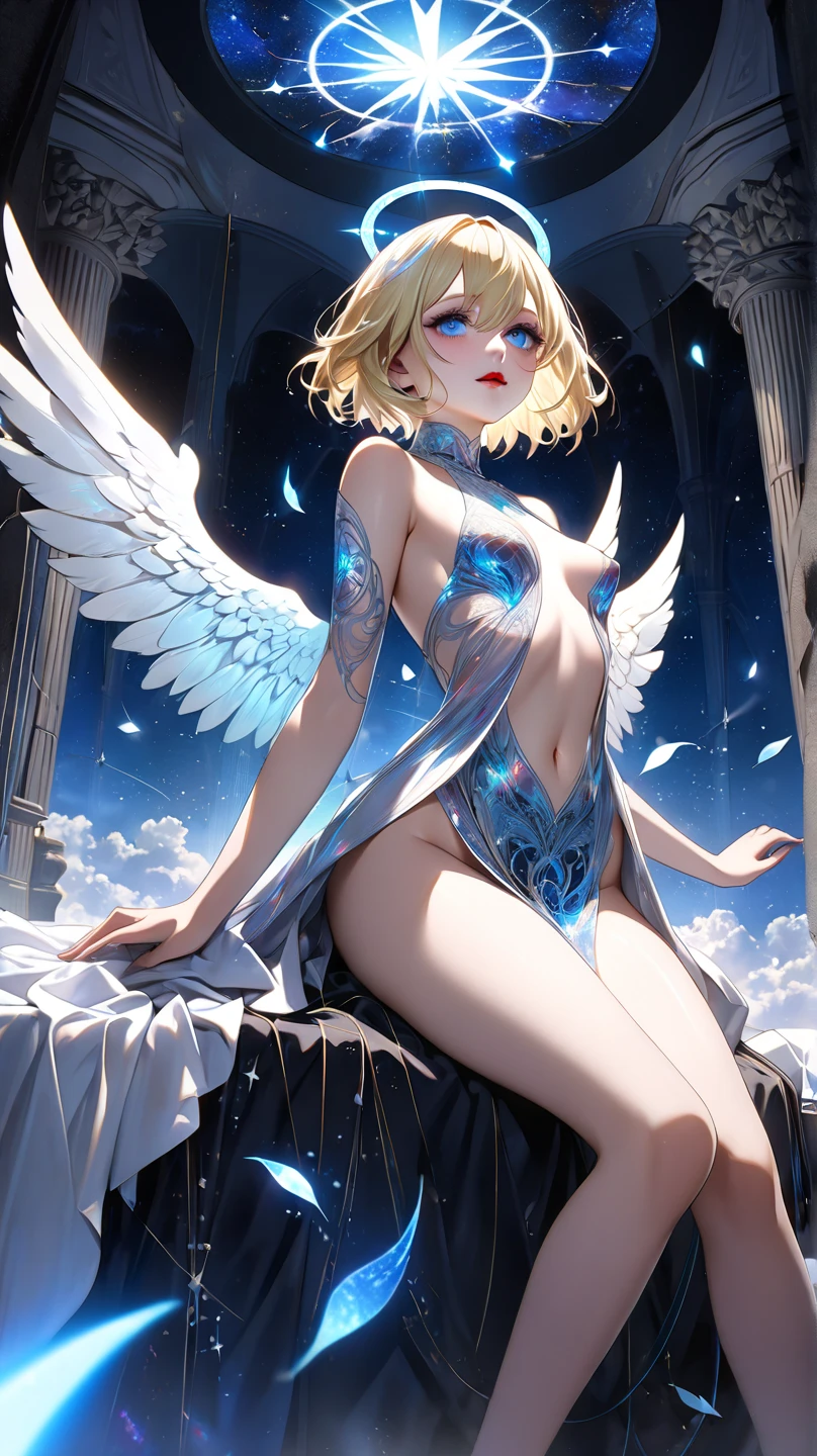 masterpiece, absurdres, best quality, ultra detailed, high Resolution, detailed illustration, bright colour, (extremely beautiful detailed face and eyes, Delicate beautiful face, 1 girl, cute face:1.3), (magenta eyes:1.1), sparkling eyes, big eyes, big breasts, (perky breasts:1.1), (pointy breasts:1.1), medium hips, glamorous body, white skin, BREAK, (blonde hair:0.8), messy hair, detailed hair, shiny hair, BREAK (undressed, angel, Angel Wings:1.5), perfect lighting, (embarrassed:1.3), (ecstasy, vulgarity:1.5), (trembling:0.8), (art nouveau:1.5), (Zentangle:1.3),