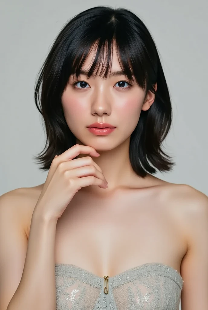 ((巨作、Hugging each other naked、22yearsold、1 beautiful girl、Detailed eye、Shorthair with bangs、shorth hair、neck long、Put your ears out))、big eye、Distinct double eyelids、((最好质量, ultra-high-resolution、staring a at camera、Light brown eyes、Clean collarbone、glowy skin、Straighten your back、The face of the golden ratio、a small face)), (Realisticity: 1.4), OriginalPhotographs, 1girl in,Cinema tick writing、japanes、Asian Beauty、Korea person、Super beauty、Realistic skin type、(((clean very large breasts、A slender、The body is facing forward、lipgloss、Highlights in the eyes、thin lips、smiling slightly、Closing mouth and smiling happily)))、(ultra realisitic)、(A high resolution)、(8K picture quality)、(Extremely detailled)、(Best Illustration)、(beautifully detailed eyes)、(ultra hyper-detailed)、detailed faces、lookig at viewer、Facing Straight Ahead、neat and clean clothes、sleevless、short-hair、black-haired、46-point diagonal bangs、Background is really nothing but pure white background、neat atmosphere、