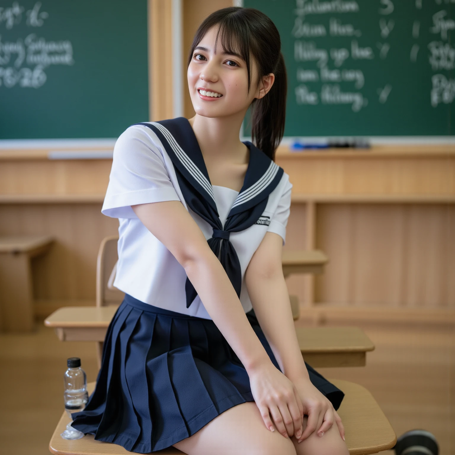  standing in a school classroom,White sailor shirt and navy blue knit bikini bottom,18-year-old,bangs,a little smile,thighs,share,knees,short cut hair,ponytail,from below