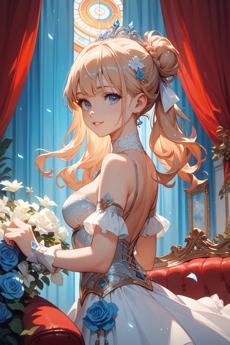 masterpiece,best quality,highres,cinematic lighting,dramatic angle,1girl,<lora:ShadowverseCassiopeiaV1:0.8:lbw=jiangshi3>,blonde hair,long hair,crown,hair ornament,white dress,gold trim,jewelry,clothing cutout,bare shoulders,gloves,thighhighs,:d,looking at viewer,blush,straight-on,petals,ring on finger,pov,backless outfit,(arm up:1.15),(adjusting hair:1.13),turning head,from behind,fat ass,pov,portrait,(close-up:1.3),arched back