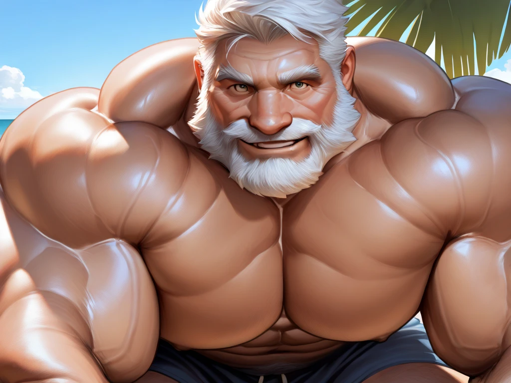 muscular old man (garp) enjoying a relaxing soak in an beach, blue skin