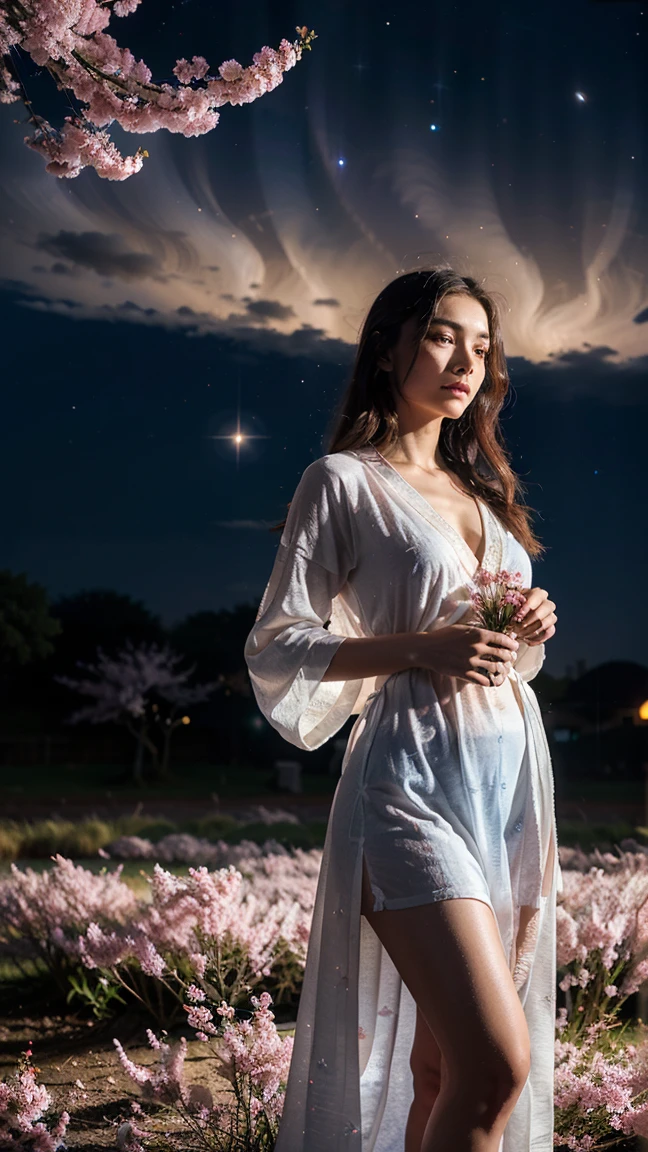 Vast landscape photo, (viewed from below, the sky is above and the open field is below), a girl standing on a flower field looking up, (full moon: 1.2), (meteor: 0.9), (nebula: 1.3), distant mountains , Trees BREAK Crafting Art, (Warm Light: 1.2), (Fireflies: 1.2), Lights, Lots of Purple and Orange, Intricate Details, Volumetric Lighting, Realism BREAK (Masterpiece: 1.2), (Best Quality), 4k, Ultra-Detailed, (Dynamic Composition: 1.4), Very Detailed, Colorful Details, (Rainbow Colors: 1.2), (Glow Lighting, Atmospheric Lighting), Dreamy, Magical, (Solo: 1.2)