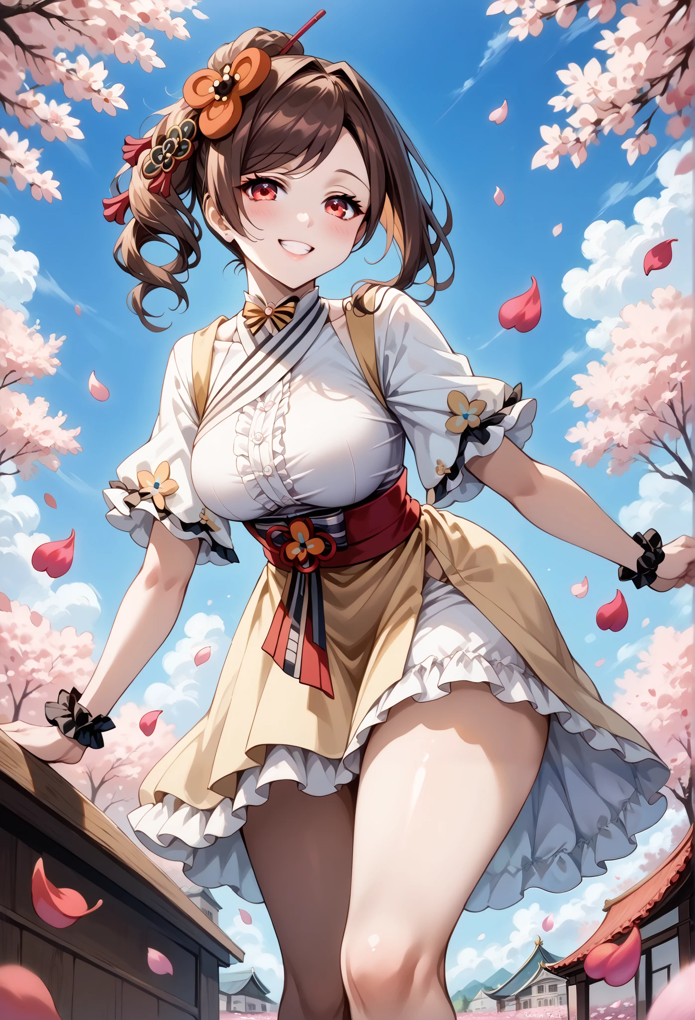 score_9, score_8_up, score_7_up, source_anime, 4K,perfect fingers,(perfect hands, perfect anatomy),prefect lighting, very aesthetic, intricate details,highly detailed background, masterpiece, high quality, best quality,
1girl,Solo,genshinchiori, chiori, brown hair, hair ornament, red eyes, hair flower, large breast,
wearing ((casual dress,frills,ornate clothing, )),,
looking at the spectator, cowboy shot, filed, high thigh individual , (large breasts:0.9),Stand up,fullbody,((Sakura petals fall—shape your Sakura Goddess! background:1.5)) ,smile, ((leaning forward:1.3)), ((low angle view)),