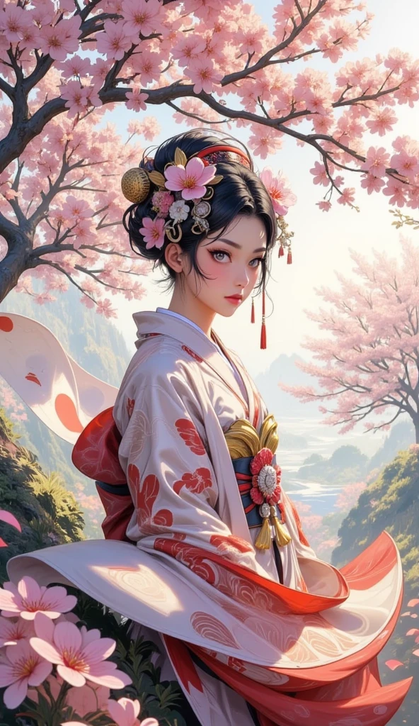 A geisha surrounded by cherry blossom branches, flying petals, traditional oriental painting style, intricate headdress with flowers, spectacular lighting, subtle details, elegant pose, a masterpiece.