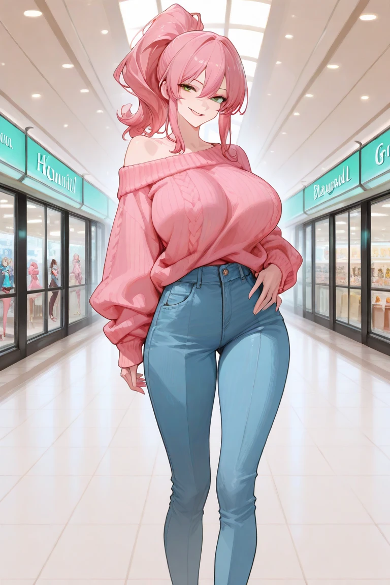 ,illustration of a woman in clothingstore, short buttoned blouse with tight red jeans, love handles, belly skinny:1.3, skin indentation, deep skin, best quality, extremely high resolution, sharp focus, dynamic, inside a clothing store (creativity:1.3),