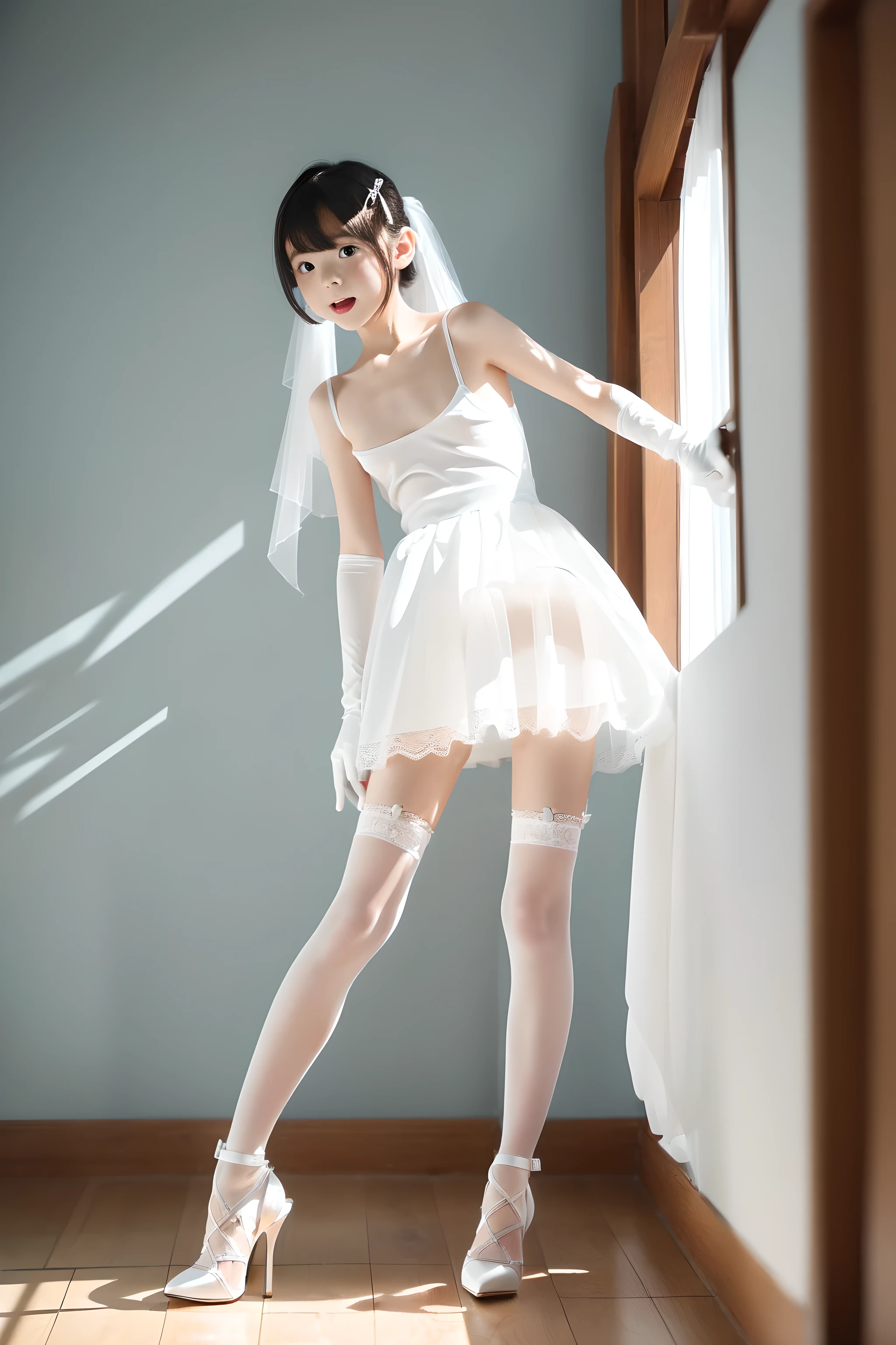 (A 18-year-old Japanese girl with a slender body, medium breasts, and a very cute baby face despite being .:1.5),(Full body portrait:1.5),Pure white sheer long camisole,Pure white garter stockings,Pure white high heels,A girl who desperately put up with pee,from below