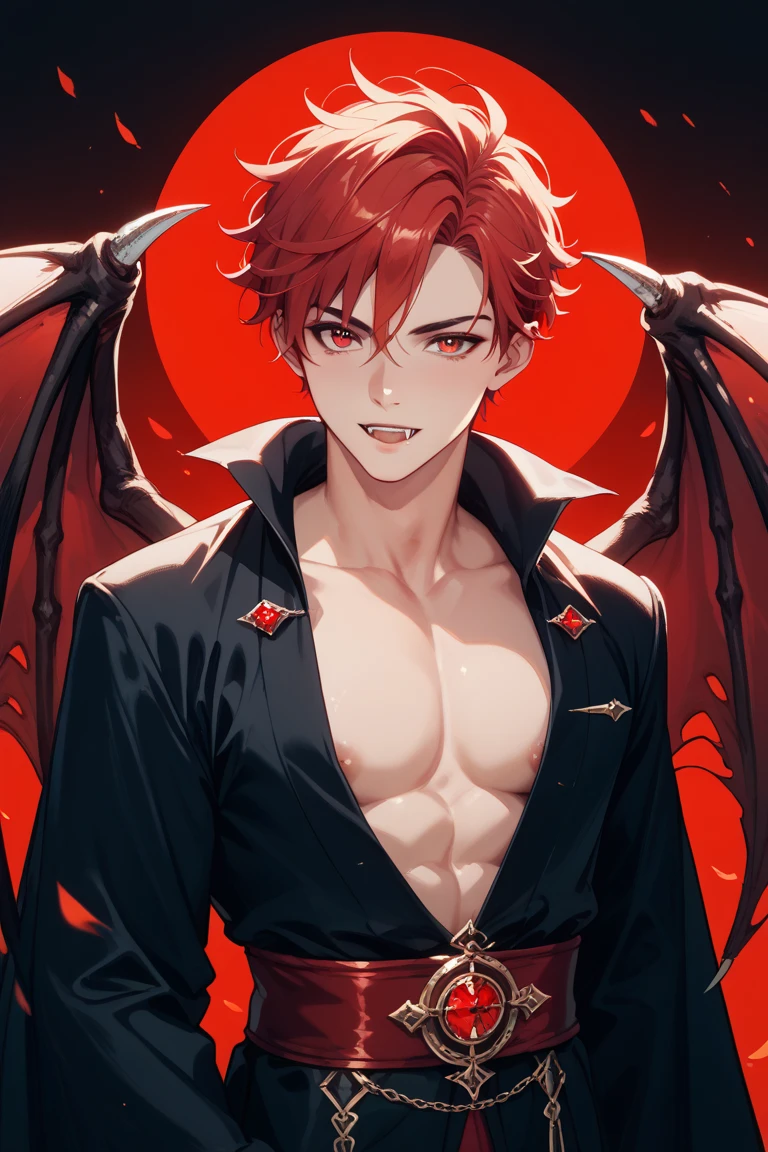 Incubus, full height, ram's horns, bat wings, heterochromia, young, anime, lightning around the hand, cute, against the background of the night forest, red light, boy