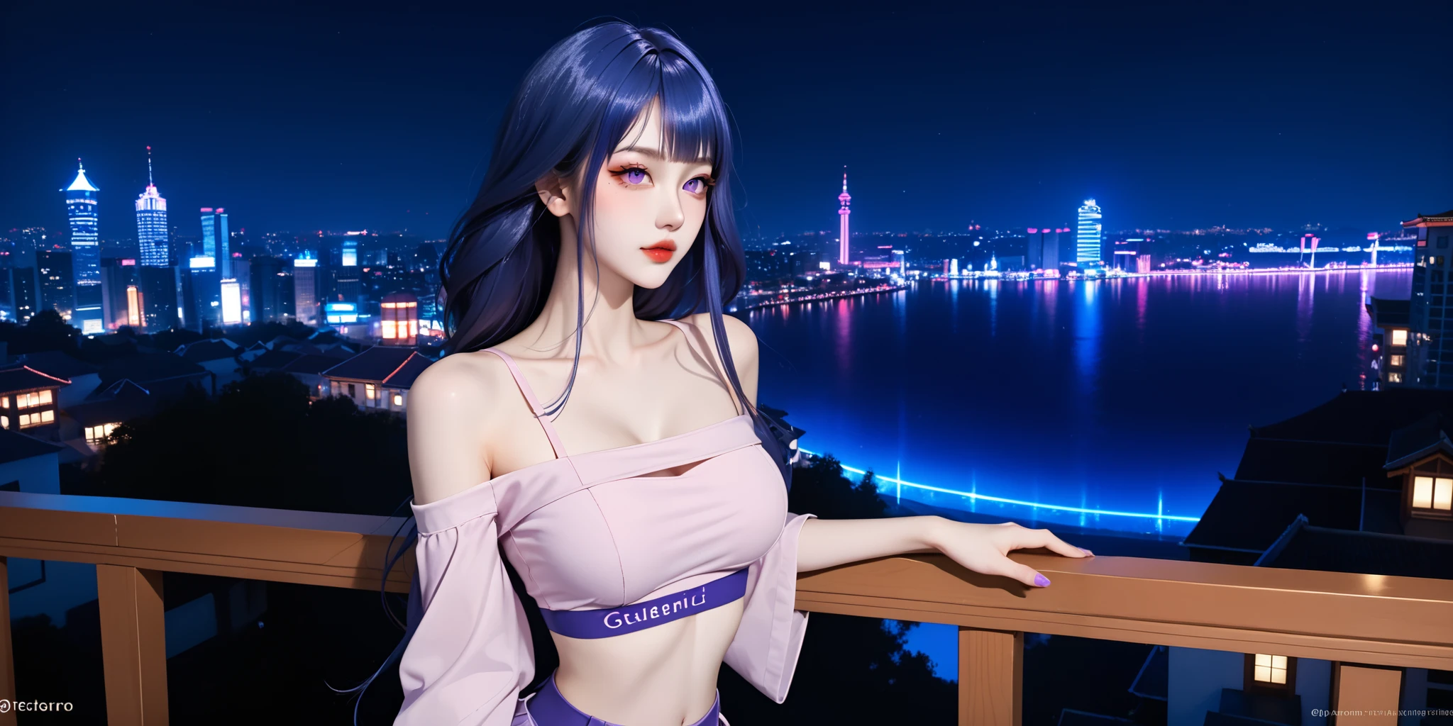 A young girl is idol Chinese with long hair, Raiden_Shogun_genshin, deep blue hair, sparkiling violet eyes, large_breasts, fashion short clothes and big crop-top, pink and red tramp stamp tattoo between her waistline, she is make sexy pose at balcony of high glass_room, Scifi_themes super modern city wirh Neon light at night background