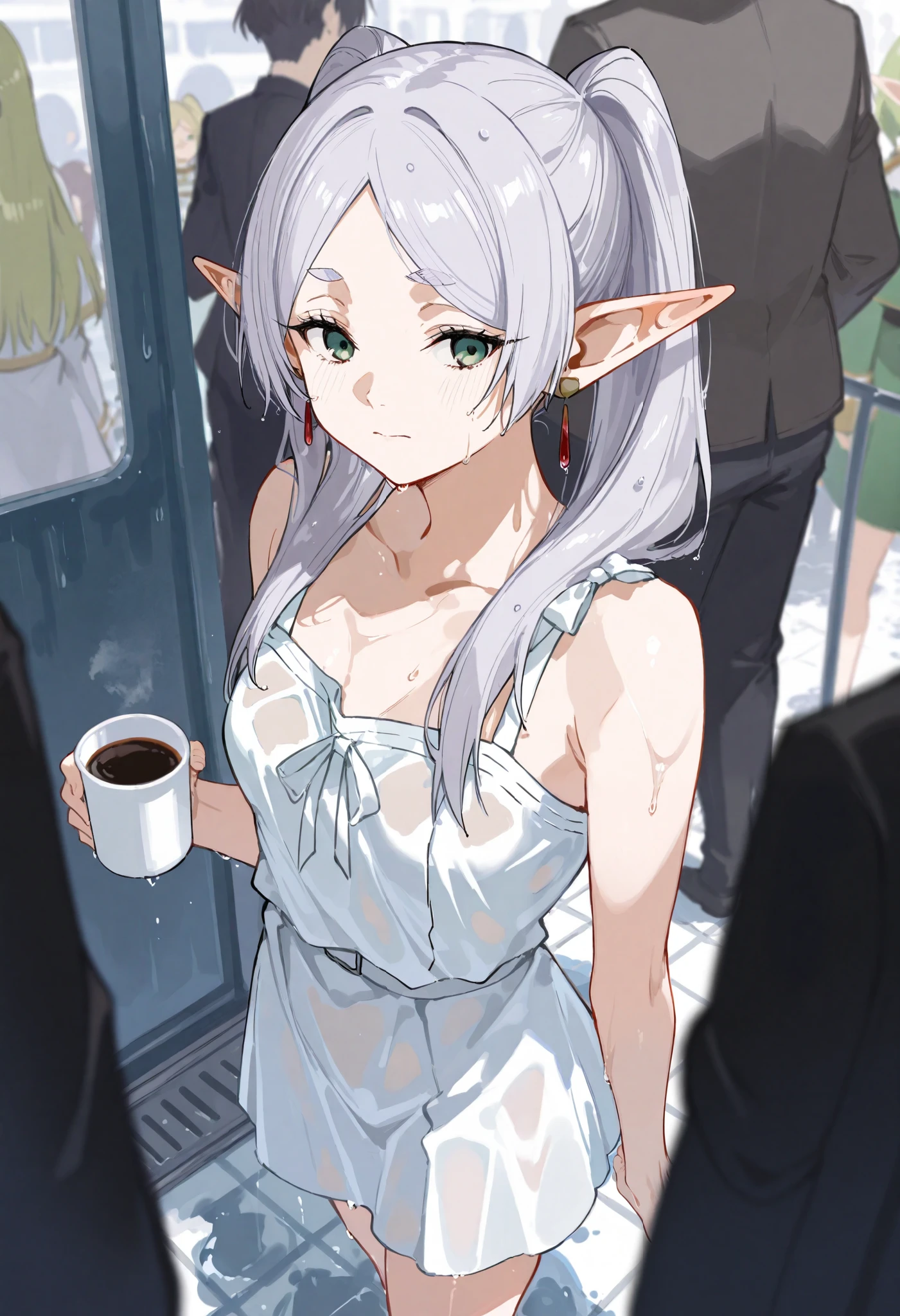 masterpiece, best quality, very aesthetic, absurdres, 1girl, embarrassed,tears_in_eyes, mature_lady,naked_shirt,in subway,In the crowd,frieren,sousou_no_frieren,elf, green_eyes, grey_hair, white_hair, long_hair, parted_bangs, pointy_ears, dangle_earrings, drop_earrings, earrings,,glowing stardust frontground,fantasy,sparkling,fireflies,
