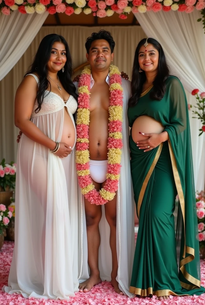 2 beautiful young Indonesian women with long hair, curvy and cute,and a handsome young man, muscular body, Two heavily pregnant women are wearing long Punjabi dresses while holding their bellies, and a man is standing in the middle without a shirt, wearing short boxer shorts, taking a selfie in front of a house.