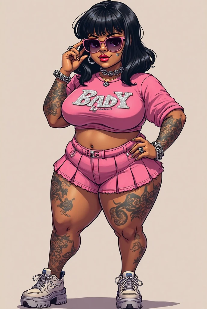 Very muscular black woman, well defined and large arms with an angry expression wearing a black punk glove on only one hand with short red hair above the ears on only one side, with the other side falling over one side of the face with one side shaved wearing gold hoop earrings, eyes browns, wearing a black skirt above the knees and a sweaty white tank top, large breasts and high heels, realistic styling, wearing a sawed-off shotgun on his back and a Hello Kitty mask in one hand, eating a donut, chubby belly, legs thick 