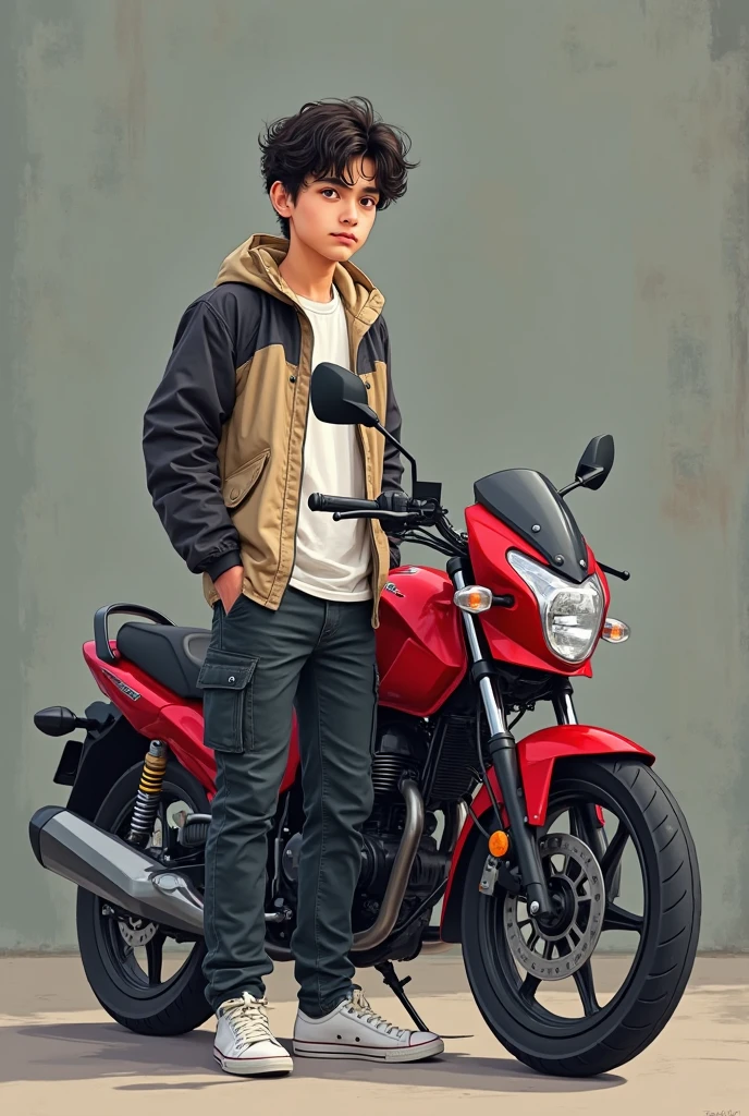 Young boy, HDR, realistic photo, city background, beside bike,