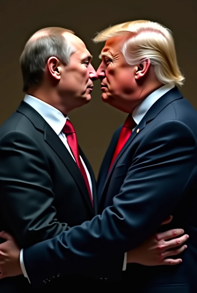 Trump and Putin are seated at a table wearing swimsuits while they hold their hands in a lovely and caring way and kiss their lips while exchanging tender looks. In the background, in a painting hanging on a black wall, Hitler and Stalin, dressed in their military uniforms applause enthusiastically.