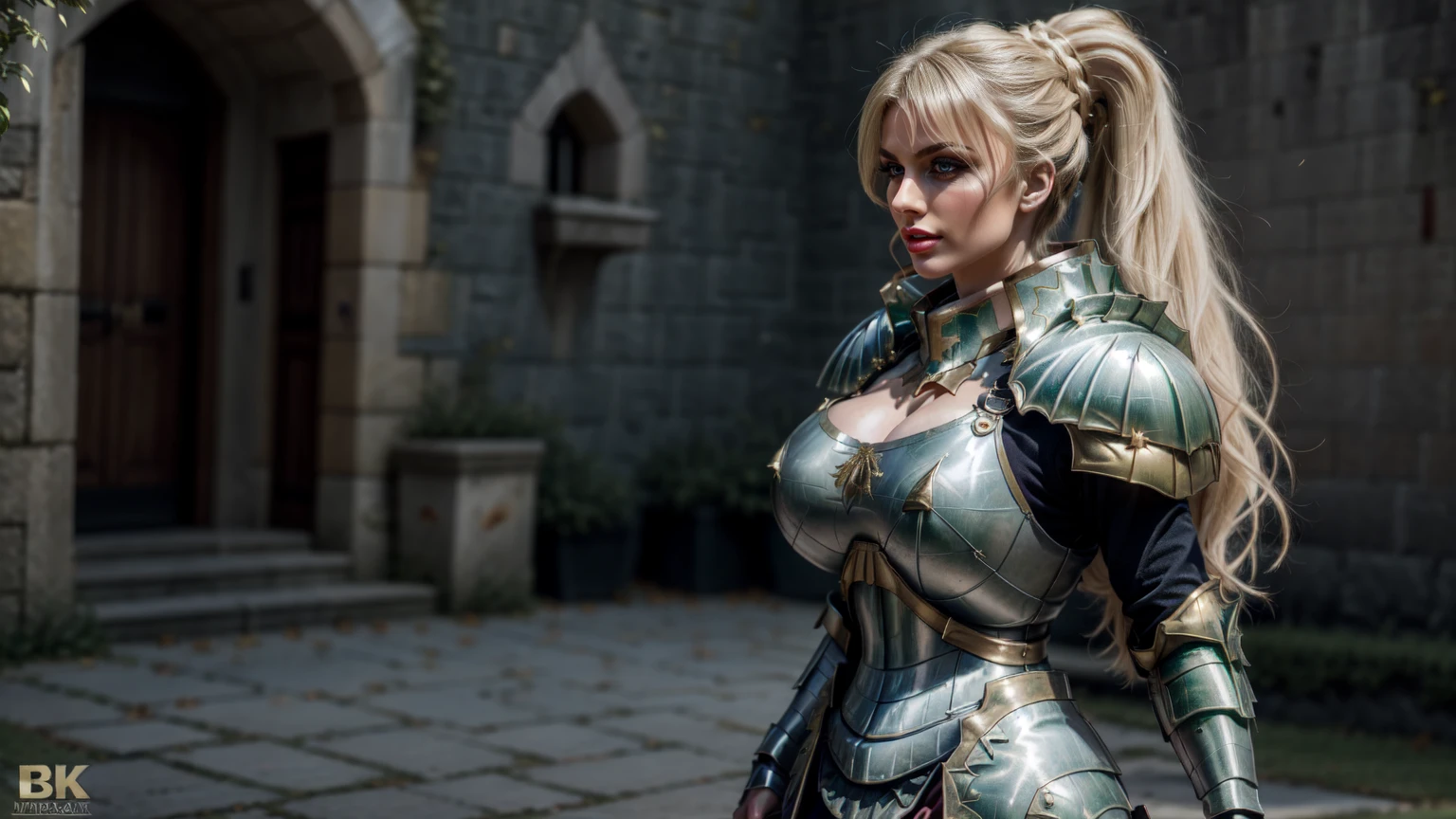 (masterpiece, best quality:1.2), ashley, re4, knight armor, knight helmet, blonde hair, visor, full armor, breastplate, smile <lora:ASHLEYCL4-15:0.8>