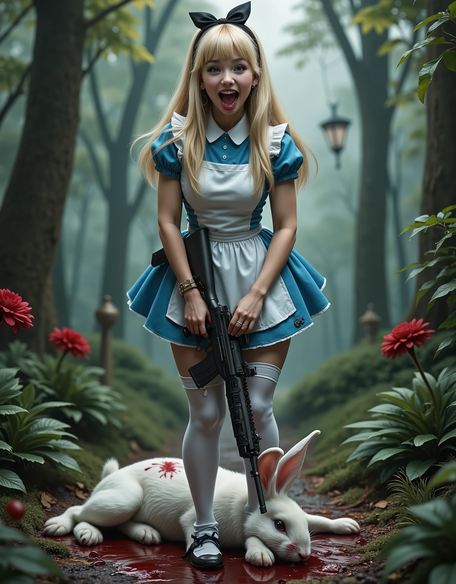 ((artwork, highest quality, highest image quality, high resolution, photorealistic, CRU photo, 8k)),(best quality, 4k, high resolution, masterpiece: 1.2), ultra detailed, (realistic, photorealistic: 1.37), ray tracing. Best quality, masterpiece. of a very pretty woman dressed as Alice in Wonderland. Alice in Wonderland hyper sexualized for adults. With her classic blue and white dress. Long straight blonde hair, with bangs, headband with a black bow in her hair, white latex stockings, a very short skirt that allows you to appreciate her shapely legs, white garters. white shoes. She laughs out loud like crazy. She stares at the viewer with a crazy lost gaze, she laughs out loud madly. In her hands she holds an AR15 assault rifle with a X4 rangefinder sight. Saliva drools from her mouth, a very pretty but crazy face. The scene takes place in the enchanted forest, and the white rabbit has just been shot and killed. Alice is covered in blood. An extremely bloody and violent scene.
