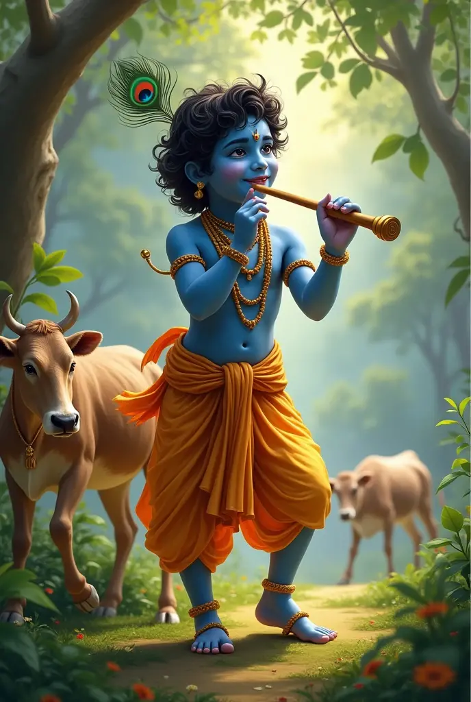 Create cute images of young lord krishna saving Brindavan people from flood by holding Govardhana mountain in his hand for protecting village people and domestic animals under mountain In rainy and flooded clumate