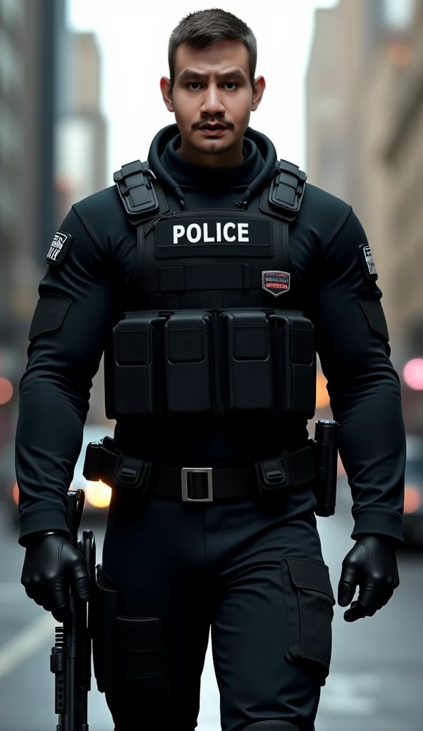 Police soldier man, swat vest, black gloves, swat helmet, ninja mask, grip assault ak74, man,