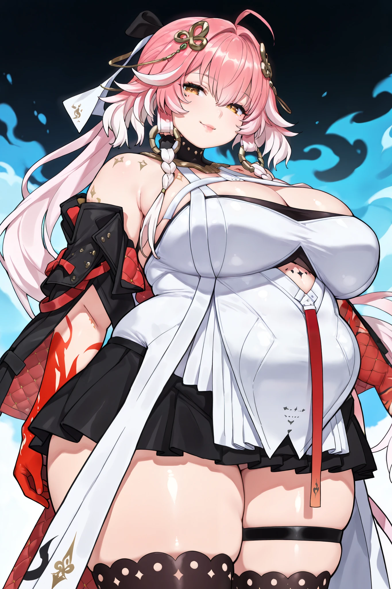 (masterpiece), ((((best quality)))), カウボーイショット, 1人の女の子, standing, smile, looking at viewer, changli\(Wuthering Waves\), tacet mark, body markings, long hair, multicolored hair, pink hair, white hair, hair between eyes, ahoge, braid, ponytail, hair ornament, yellow eyes, large breasts
white dress, detached sleeves, red gloves, single glove, black skirt, pleated skirt, thighs, black thighhighs, thigh strap, bare shoulders, cleavage, ((shiny)), large breast, 太い脚, chubby, chubby girl, curvy, large breasts, lips, plump, thick thighs, thighs, (((oversized gigantic stomach)), curvy, large breasts, lips, plump, thick thighs, thigh, immobile