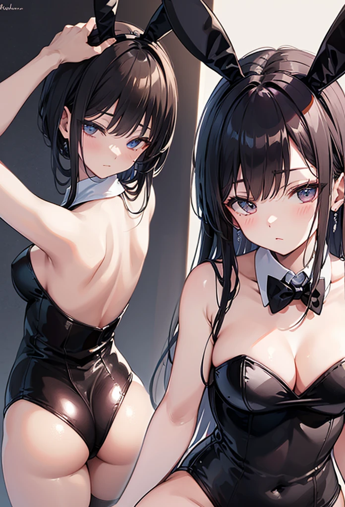 masterpiece, Highest quality, High resolution, Azune, Long Hair, Black Hair, (Single-edged:1.2),C Cup, Hair Ribbon,Pink Eyes,Bunny Ears,Black leotard, No shoulder strap,Bunny girl,Cabaret Club,from the front,