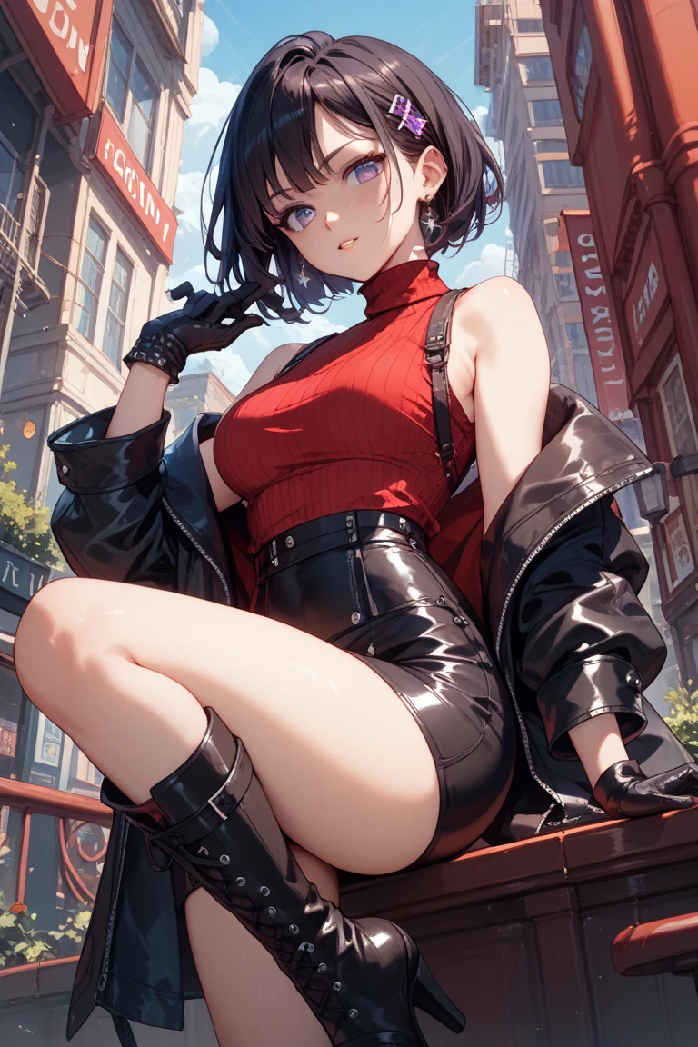 (((8k wallpaper of extremely detailed CG unit:1.2, ​masterpiece, hight resolution:1.2, top-quality:1.2, masutepiece))), ((a very beautiful woman, Sitting on the ground)), ((extra detailed face, Highly detailed black eyes, extra detailed body, Top quality real texture skins)), (A dark-haired, Red Eye Shadow, de pele branca, Small, wearing tights and boots, street wear, Punk costumes, Cyberpunk costumes), ((Empty alley, Mileland)), foot out of frame:1.3, hyper realisitic, digitial painting,