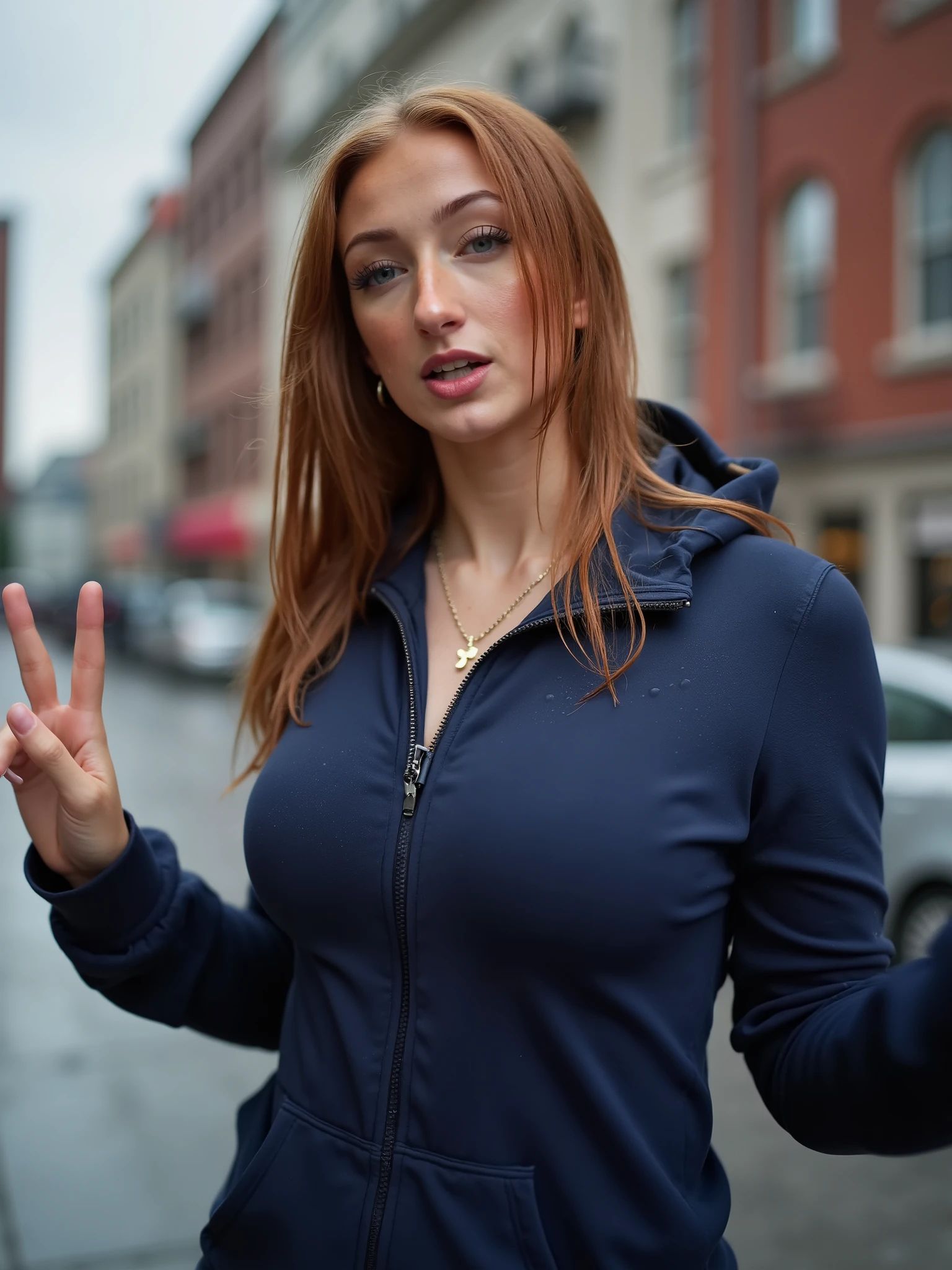 photo,30-yr-old-woman,city street,ginger hair,freckles,rainy day,wet body,indifferent expression,body sweat,straight hair,wet hair,long hair,navy hoodie,zipped up,candid pose,cross necklace,peace sign,head tilt,huge breasts,thin waist,upperbody photo,. shallow depth of field,vignette,highly detailed,high budget,bokeh,cinemascope,moody,epic,gorgeous,film grain,grainy,, score_9, score_8_up, score_7_up, score_6_up,