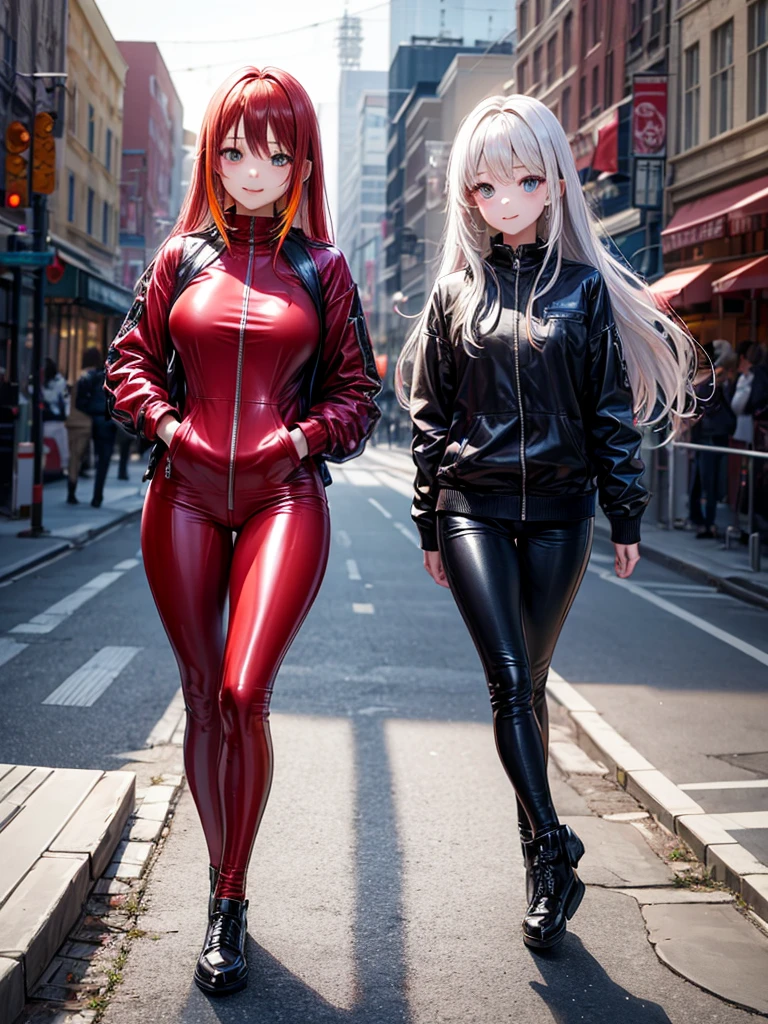 2 women, standing, with seductive expression, loving smile, view from front, detailed eyes, pose sexy, long dark crimson hair, his super detailed glowing eyes, Full lips painted red, chiseled physique and wide hips. He wears a closed black leather jumpsuit., whose shiny surface accentuates its shape. Walking on a sunny beach,  This image oozes realism., capturing the essence of a fragile figure. digital art, photorealistic and high definition technique