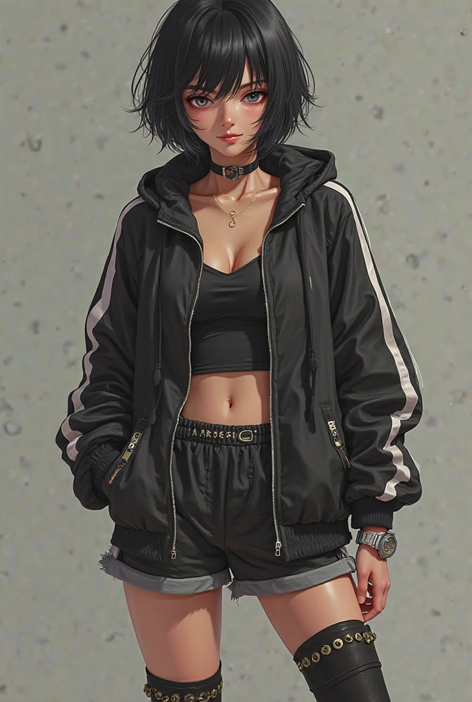 2heads, portrait photography, beautiful young woman looking off camera in futuristic jacket, yoga shorts, 21 years old, super realistic face, colorful hair, short hair, eyes visible through hair, proper eye position, natural skin, soft light, hips, detailed background, intricate , highly detail, octane render, HD, 8k, by Annie Leibovitz,120mm