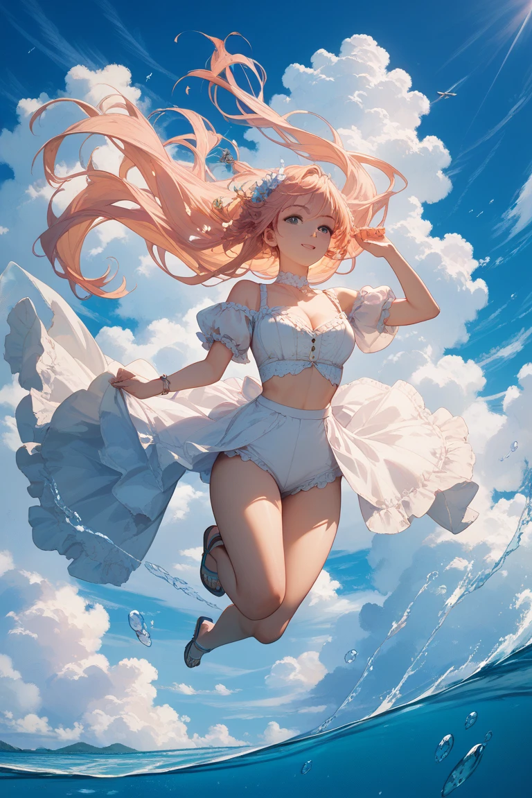 summer scene : Soft focus on a 12 year old European girl in transparent white swimsuit , running on the beach happy , with eyes shining with excitement as he enjoys the winds and water that arise from the sea. Warm daytime lighting with natural light, Instagram photo.