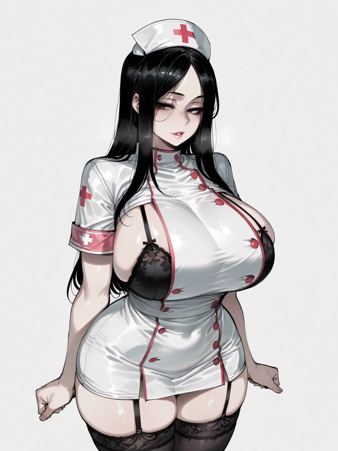 (masterpiece, best quality, perfect hourglass figure, wide waist, blush), busty, portrait, perfect face, flawless eyes, empty gradient background, beautiful lips, full lips, (arms behind back), perfect waist, cowboy shot, perfect hips, wide smile, sanpaku, round pupils, orange eyes, dark skin, brown skin, long flowing hair, black hair, concave bangs, bimbo, nurse, groin, hip vents, nurse cap, nurse tight skirt