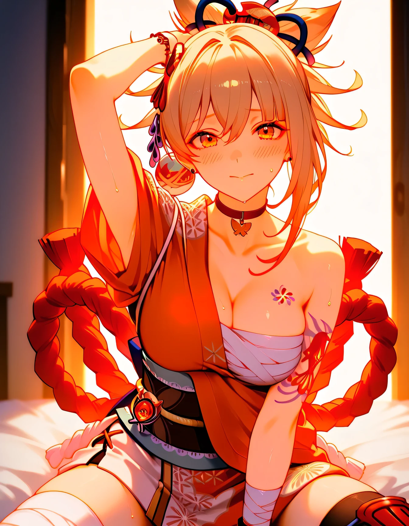 nighttime, Light from the moon, Dim light, bedroom, (masterpiece, best quality:1.2), Yoimiya, 1girl,beautiful, looking at viewer, Pleasure, excitement, Panting, rutting , Glamorous, erotic, mature, Embarrassed, shy ,Emphasize beautiful faces, head tilt, heavy breathing, Medium breasts , cleavage, curvy body , collarbone , bare arms, belly, stomach, navel, abs, sarashi chest, bandaged breast, (white hakama) ,thighhighs, japanese clothes, red choker, fingerless gloves, kimono, obi, rope, asymmetrical legwear, arm tattoo, bandaged leg, chest tattoo, hadanugi dousa, orange kimono, single fingerless glove, rise arm up, Wiping away sweat from armpits , sweat