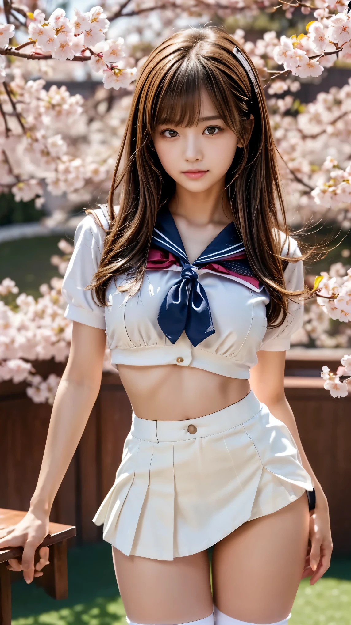 (high school girl sailor uniform:1.4),shirt,red tie,Cardigan,navy blue blazer,(Best Quality),((very detailed)),4K,(8k),masterpiece,very detailed,Best Quality, super resolution, sexy, 1 girl,1 person,152cm,(Background-Cherry Blossom Trees:1.4),very pretty face,cute type,baby face, slightly round face,glossy lips,sexy beautiful pink flower pattern,big, beautiful eyes,brown eyes,Obvious double, soft hair for cell phones,1 young and beautiful Japanese woman,Beautiful asymmetrical bangs ,small smile,(white super super short miniskirt:1.4),(The miniskirt is too short and the pants are slightly visible:1.4),(high socks),(school-designated bag),(school-designated shoes),Soft light, RAW quality,Soft leather,(GROWING SKIN,sweated: 1.4),Beautiful Legs,plump thighs, balanced figure ,Big Breasts,(teeth、expresses the roundness and softness of the chest.....1),sexy,beautiful body line,(女Sexualな体型), perfect figure),Sexual,spread legs,(provocative dynamic poses in the stadium),skirt flip,viewers need attention,(beautiful pussy line in PU Japanese garden:1.3)