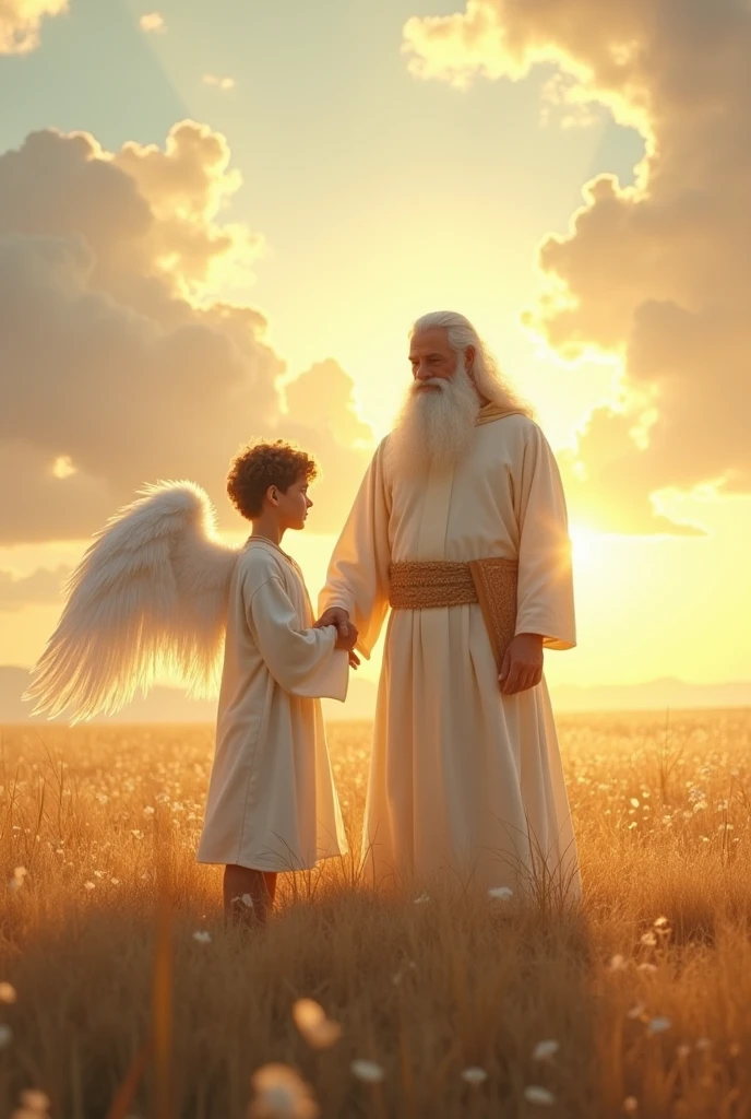 Generate me an image of an older person and a younger person , The grandfather is an angel who hugs the younger boy 