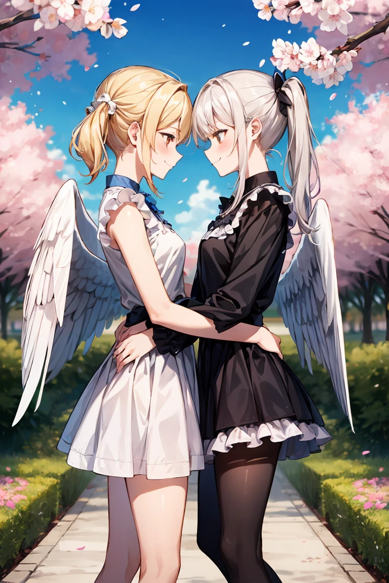 (high quality, 8K, 4K, High Contrast, masterpiece:1.2, 最high quality, Best aesthetics), ((Two Angels:1.2, Two people standing close together)), Gold Angel and Silver Angel, Friendly smile.