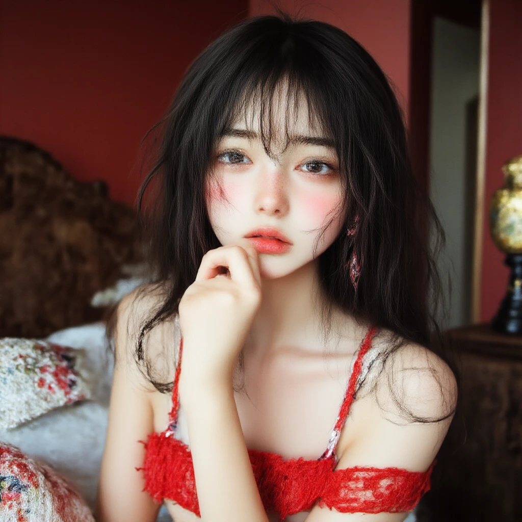 one woman, korean, short black hair, black eyes, inside bedroom, near bed, lingerie, white skin, detailed skin, thin thighs, well detailed body, detailed face, best quality, masterpiece, 4k, red bow on the head
