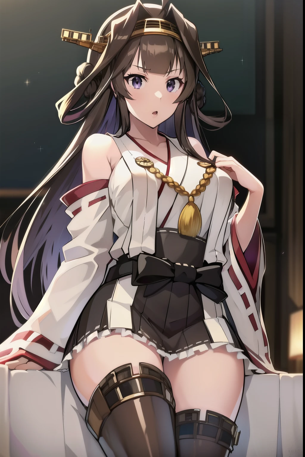 Warship King Kong, black, stupid hair, black cock, Double good, hair bun, hair bunド, headgear, long hair, (purple eyes:1.1), 
break boots, detachable sleeve, kimono,  Untraditional Priestess , ribbon trim, ribbon-rimmed sleeves, knee-high boots, wide sleeve,
break looking at viewer, 笑顔
break outdoors, strand,
break (masterpiece:1.2), best quality, high resolution, Unity 8k Wallpaper, (shape:0.8), (beautiful details:1.6), very detailed face, perfect lighting, very detailed CG, (perfect hands, perfect anatomy),