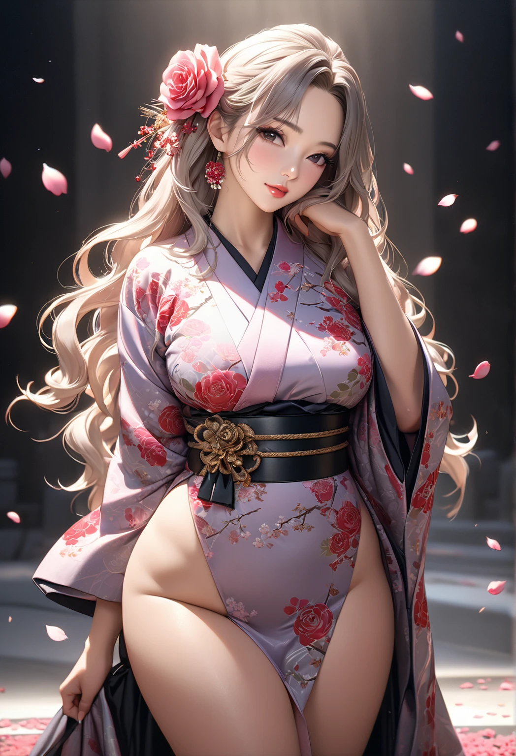 cuerpo completo,Plan completo,SFW,The Russian goddess princess in the picture of a geisha with big bright blue eyes and long fluffy Nordic type eyelashes with a perfect elegant figure and very long fluffy wavy hair of bright wheat color is in full growth in the alley against the background of Japanese pink sakura blooming in bright navy blue kimono color and Japanese shoes gain a bright navy blue color, The girl's lace kimono is intricately patterned with ultra-short frank cutouts..., Small breasts with protrusion are visible through the fabric and on the girl's ears there are beautiful earrings with precious navy blue sapphires that shine and shine in the light... The soil on which the girl is located is strewn with cherry blossoms..., The scene is highly artistic, High resolution, foco nítido, Migjorni-V5 artistic style, hiperfotorrealismo, proporciones perfectas, Photo of the golden ratio, Bengala, contorno, luz del sol, brillo suave, enfoque suave, Photo-style smooth focus through a Monocle lens.