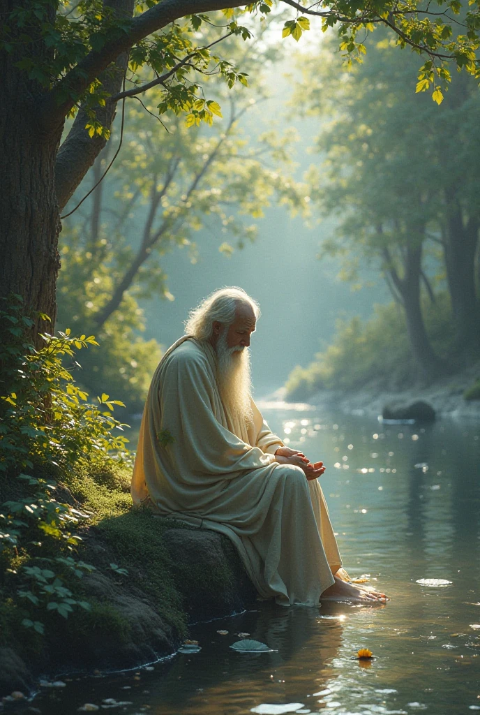 ((One Man)), ((bent over the water and looks at the reflection)), (((Fantasy portrait of a blond young man in a mithorogic costume))), ((Long sleaves)), With mystical colored eyes, pale skin, Long hair, Magical, Beautiful, Enchanting, Photorealism, mid-shot, ((Deep forest)), Fantasy Art, (((Many sparkling particles in the air))), ((Ethereal fantasy art)),