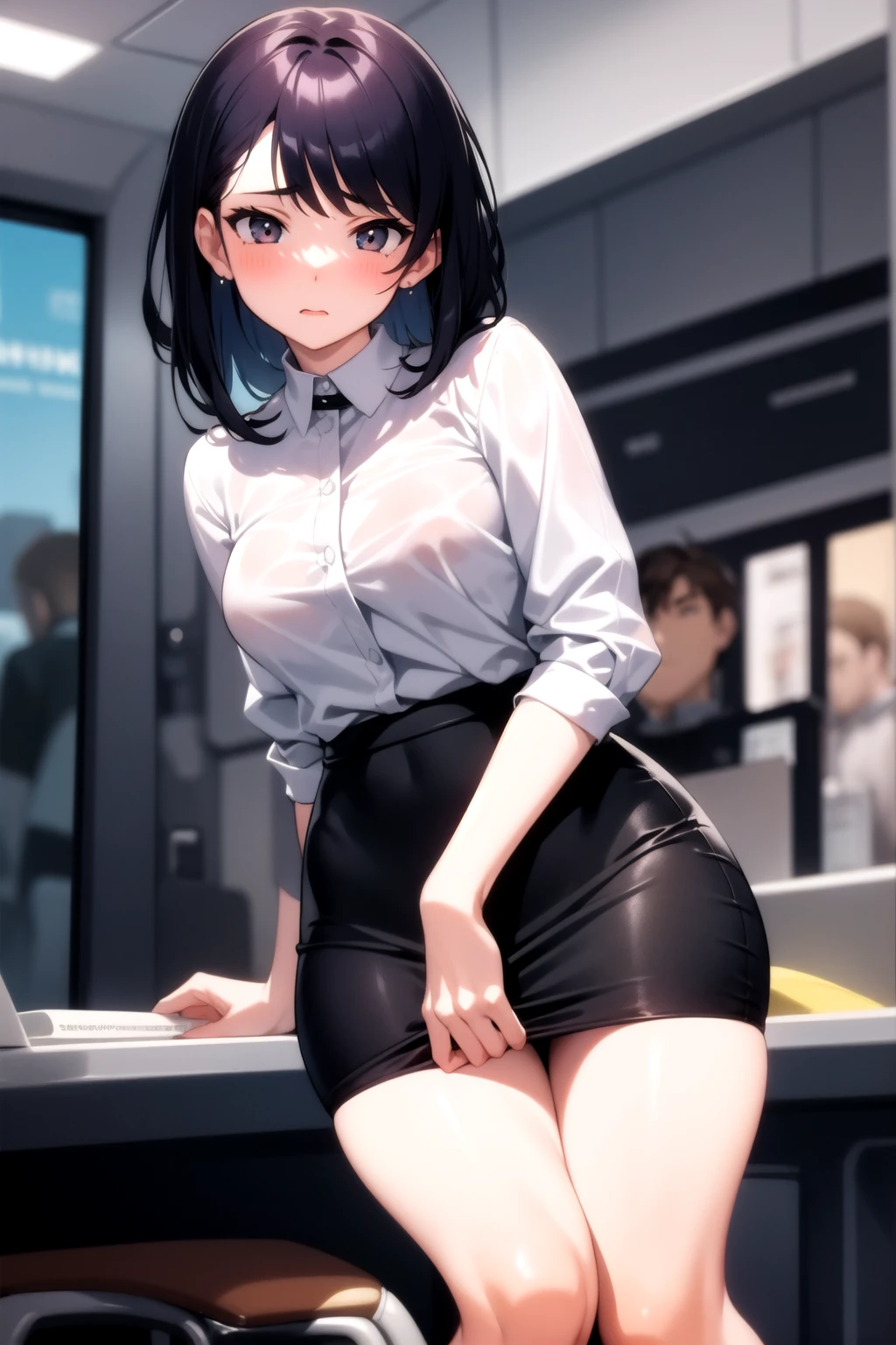 ((velocity)),Attacked by farts, (((Women farting))),(girl farting while seat and use computer and frowned ,detailed eyes,blushing,velocity,(a female employee), (wearing shirt and thigh high dress),(sit facing the computers),(her butt facing the screen)) (short black hair),(Asian woman),(workspace),(masterpiece:1.2、top-quality)、(the Extremely Detailed CG Unity 8K Wallpapers、ultra-detailliert、Best Shadows)、(细致背景)、(The best lighting、extremely delicate and beautiful)、depth of fields、1girl in、独奏、upward looking gaze、