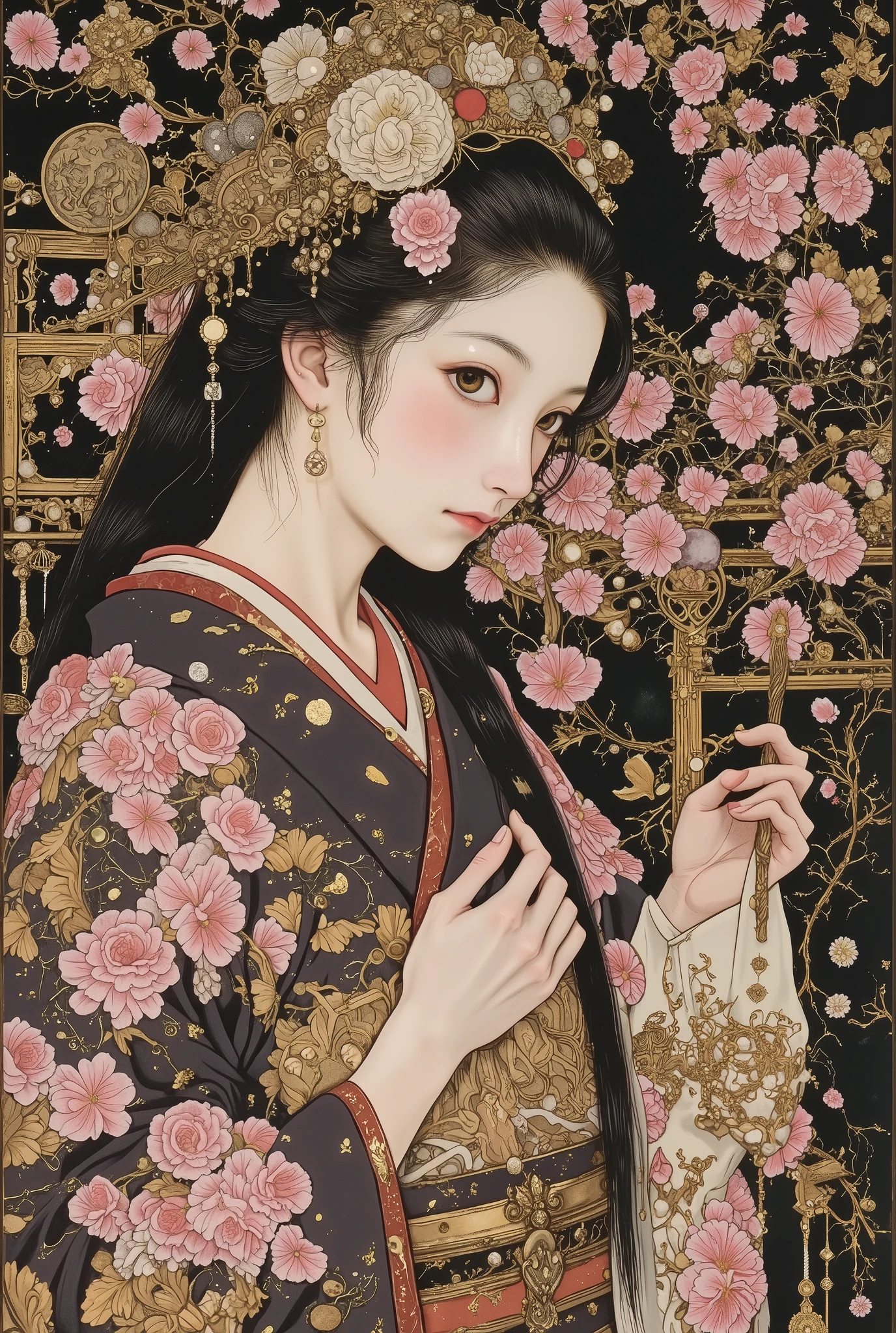 ((cherry blossom blizzard,beautiful cherry blossom)),(beautiful goddess),1 girl,fashion portrait,side view ,back shot,(off shoulder:1.3),nape of the neck,back of the neck,sway,beautiful face,turime,oiran,geisha,kimono,hair ornament,beautiful neck,plump lips,tempting smile,slender face,feminine,black long hair,messy hair,covering chest by hand,beautiful hand,purple and gold kimono,gentle smile,((colorfull,vivid color:1.5)),sharp line,looking away,at night,pink,gold,black,skindentation,at night,black background, moon,moody,((melancholic:1.5)),(glowing fluorescent effect)),epic,gorgeous,film grain, grainy,moody lighting,dramatic chiaroscuro lighting,mysterious mood, Nihonga,Japanese painting style, Itō Jakuchū style,Gustav Klimt  Style,　　　　　　,junji ito style,scary ukiyo-e　　　