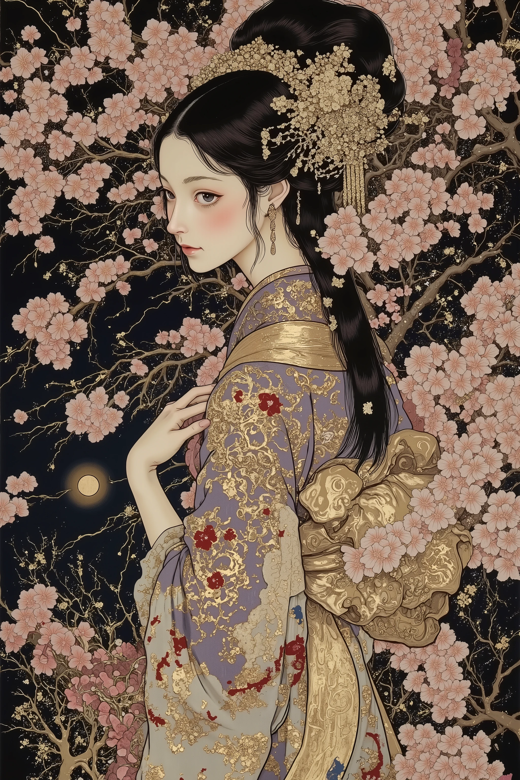 ((cherry blossom blizzard,beautiful cherry blossom)),(beautiful goddess),1 girl,((off shoulder:1.5)),fashion portrait,facing to the left, showing the right side of her face,nape of the neck,back of the neck,sway,beautiful face,turime,oiran,geisha,kimono,hair ornament,beautiful neck,plump lips,tempting smile,slender face,feminine,sexy,black long hair,messy hair,covering chest by hand,beautiful hand,purple and gold kimono,gentle smile,((colorfull,vivid color:1.5)),sharp line,looking away,at night,pink,gold,black,skindentation,at night,black background, moon,moody,((melancholic:1.5)),(glowing fluorescent effect)),epic,gorgeous,film grain, grainy,moody lighting,dramatic chiaroscuro lighting,mysterious mood, Nihonga,Japanese painting style, Itō Jakuchū style,Gustav Klimt Style, ,junji ito style,scary ukiyo-e