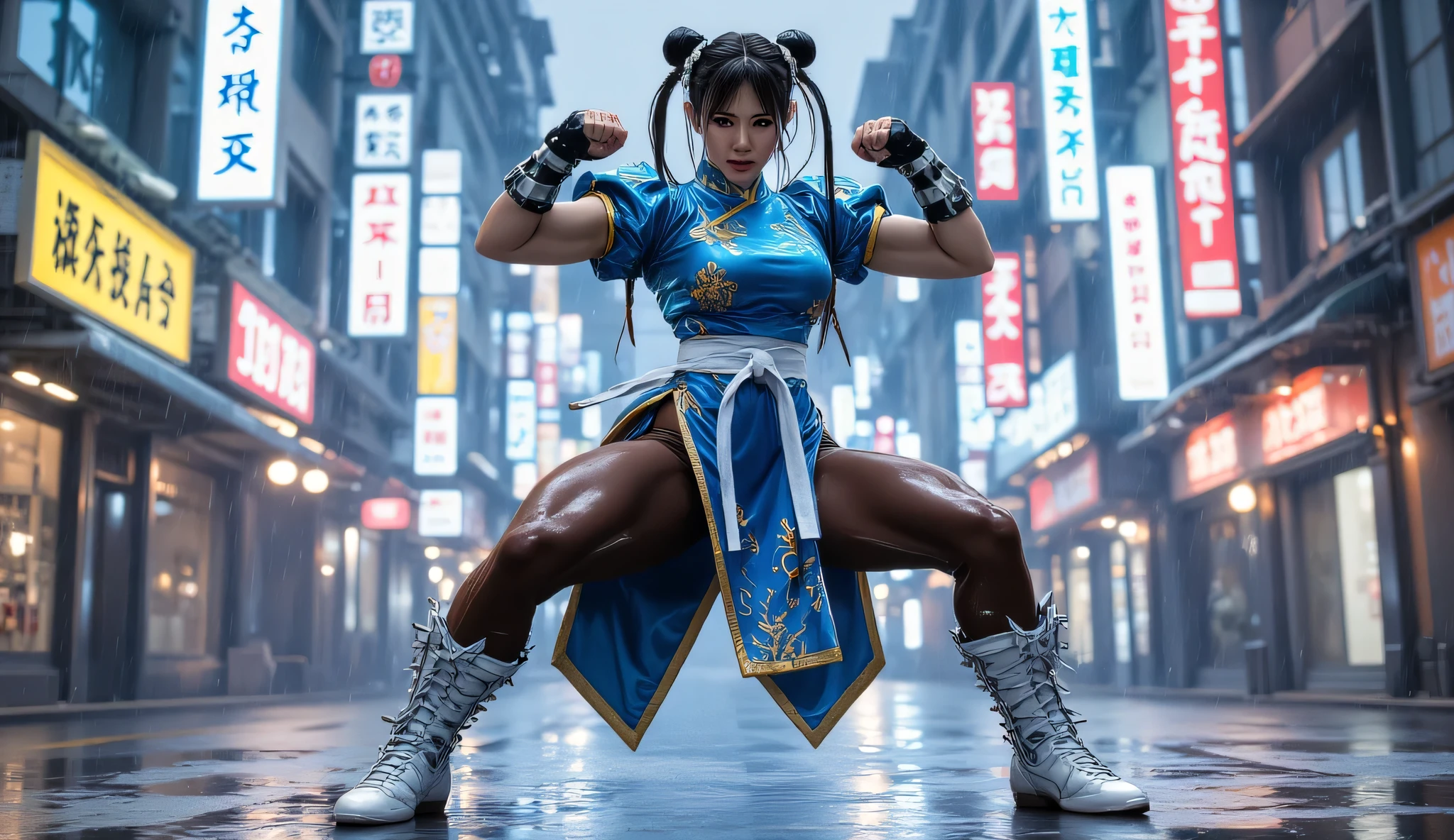A highly detailed, cinematic, live-action shot of Chun-Li, A beautiful, fierce and determined female martial artist stands ready for battle, her agile physique emphasized by her confident stance. She wears her iconic blue qipao with golden embroidery, high-cut slits on both sides allowing full mobility. Her brown tights and white combat boots are tight. Her hair is styled into two signature buns, secured with white ribbons. She raises her fists, clad in spiked black bracelets, her toned legs flexing as she shifts into a defensive stance. The background is a neon-lit city street, rain lightly falling, reflecting the vibrant colors of distant signs. The atmosphere is intense, capturing the moment before an explosive fight begins.
